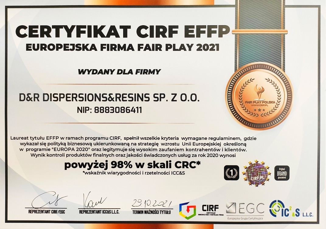 Certyfikat EUROPEJSKA FIRMA FAIR PLAY 2021- CIRF EFFP.